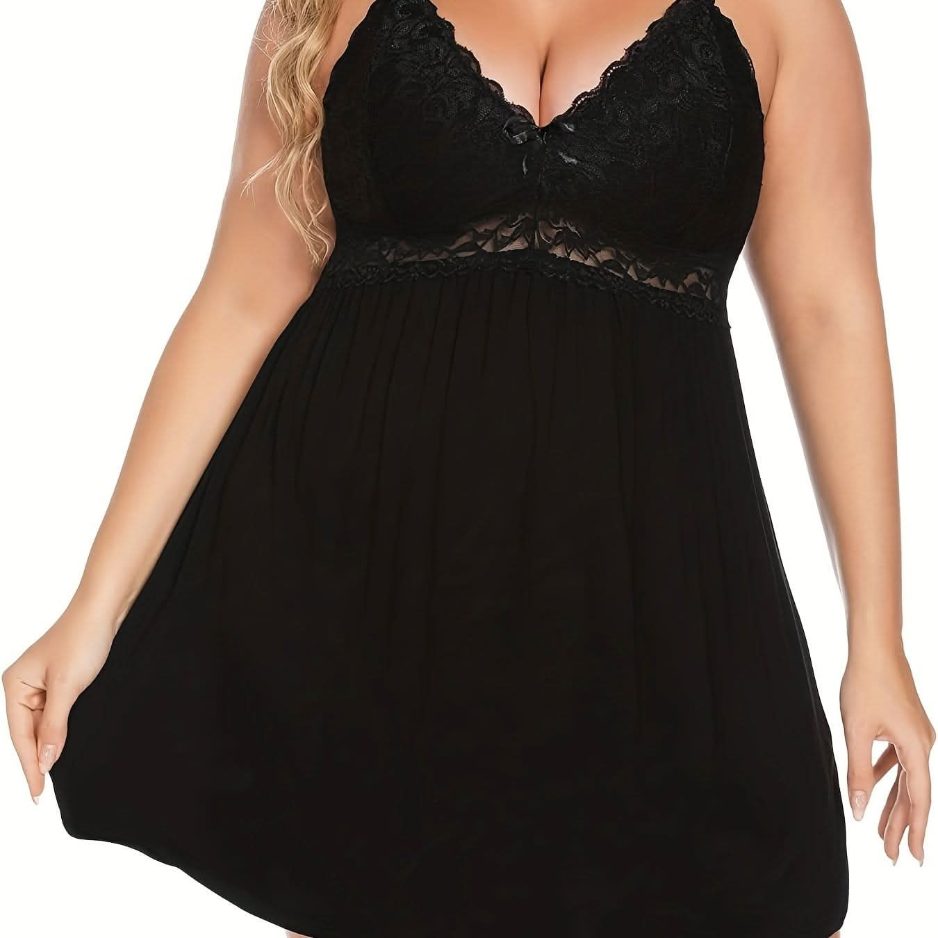 Sexy Lingerie Dress, Women's Plus Solid Contrast Lace Stretchy Comfort Lingerie Nightdress Plus Size - LustMia