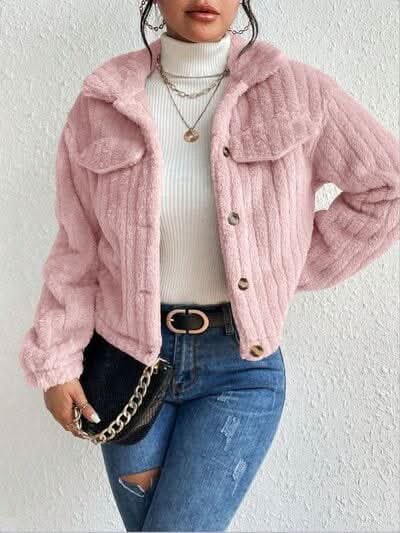 Fuzzy Button Up Collared Neck Jacket - LustMia