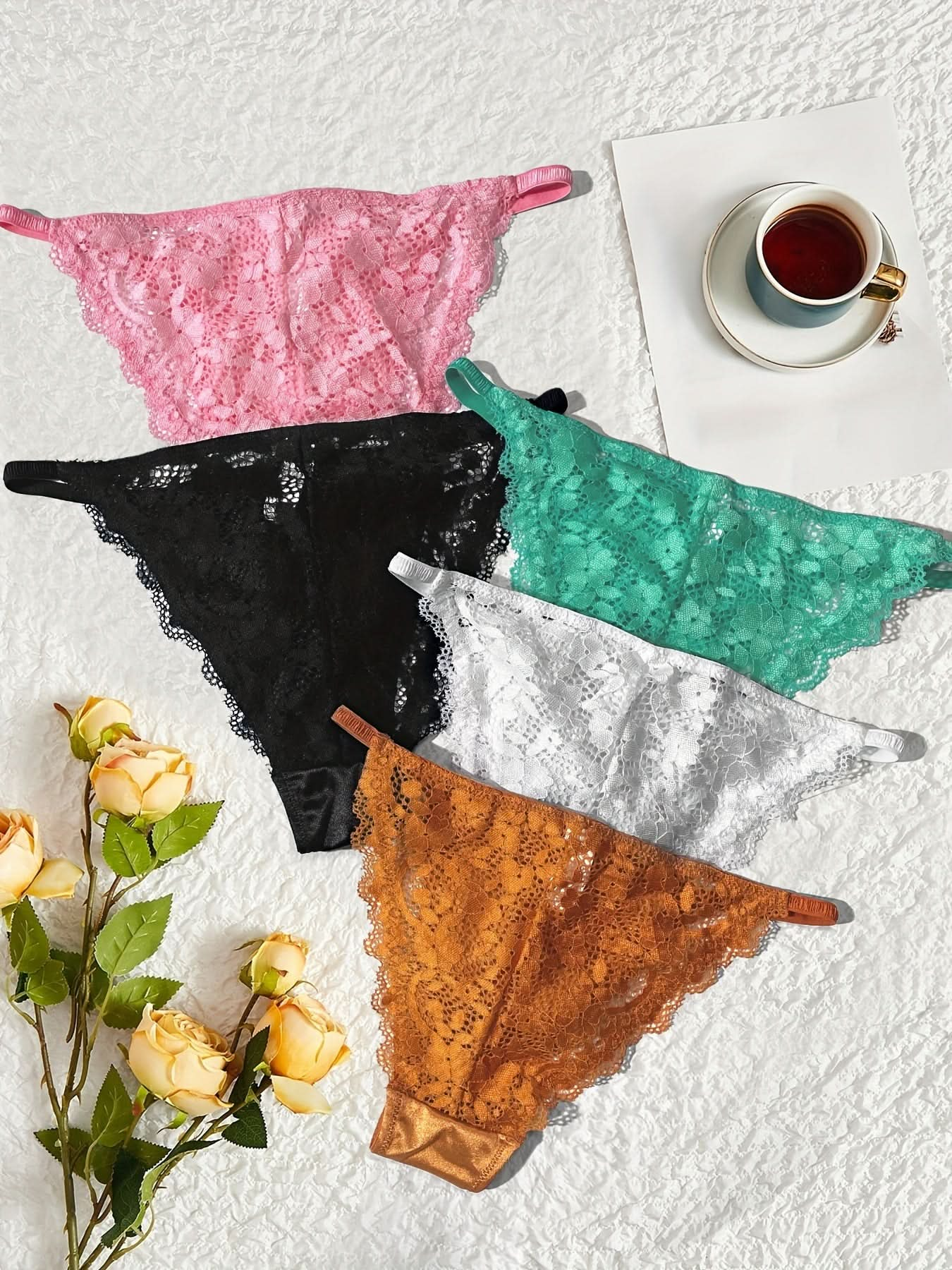 5pcs Contrast Lace Briefs, Comfy & Breathable Stretchy Intimates Panties, Women's Lingerie & Underwear - LustMia