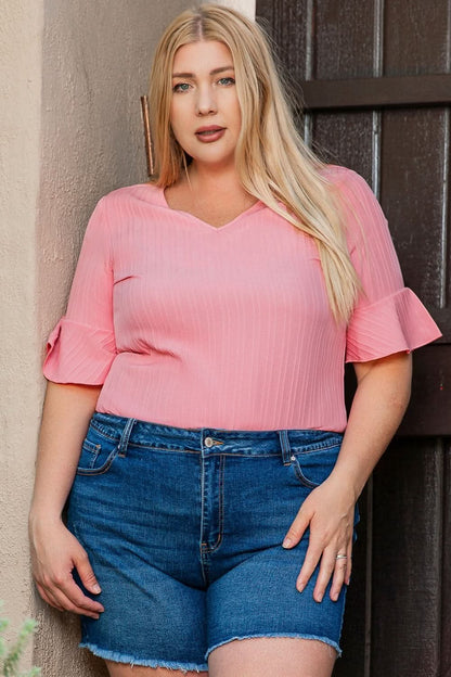 Plus Size V - Neck Half Sleeve Blouse - LustMia