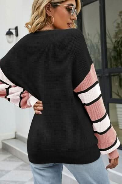 Color Block V - Neck Dropped Shoulder Sweater - LustMia