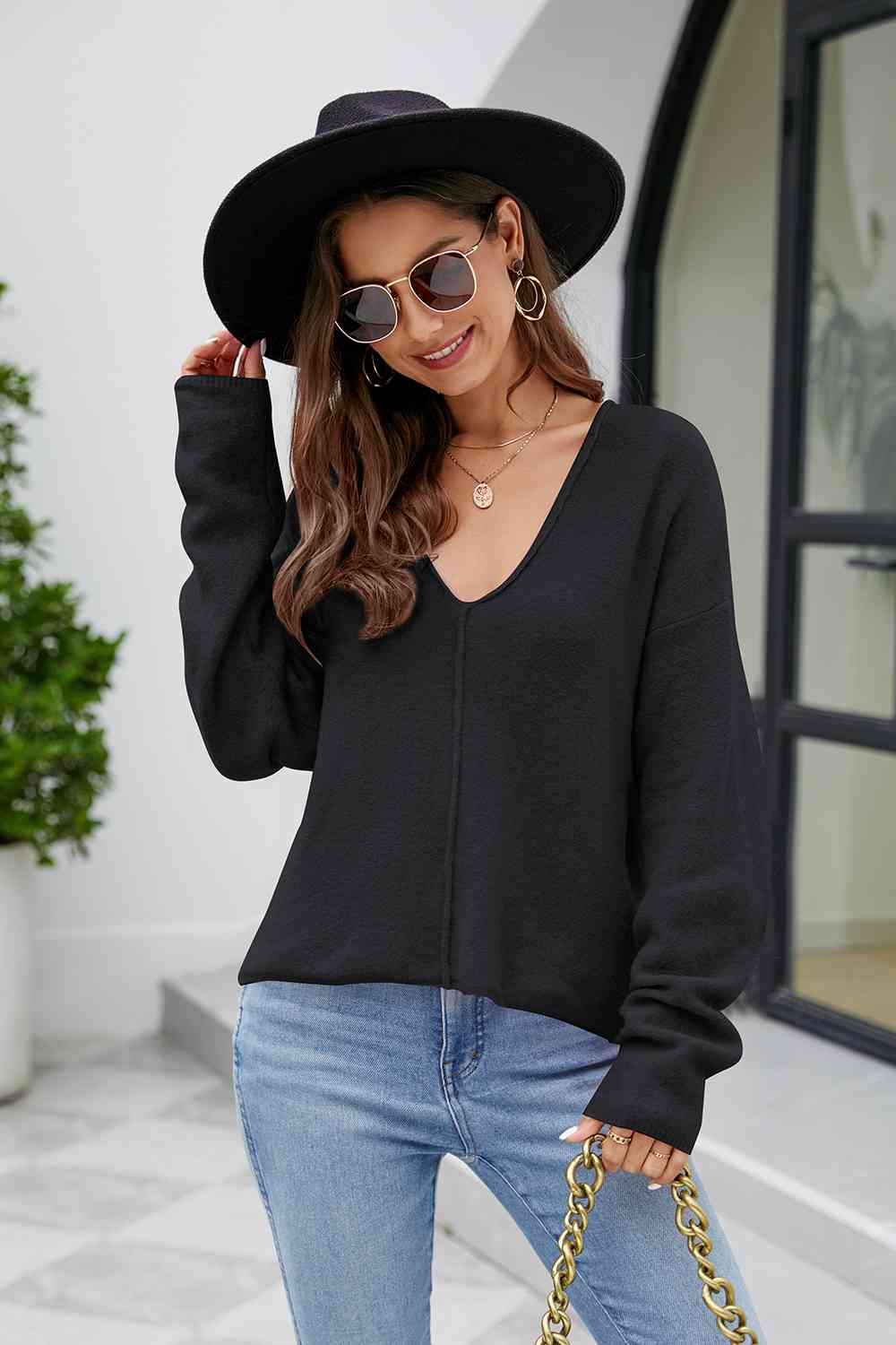 V - Neck Drop Shoulder Long Sleeve Knit Top - LustMia