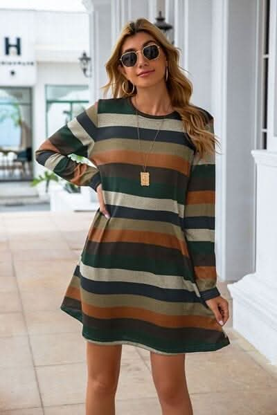 Striped Round Neck Long Sleeve Dress - LustMia