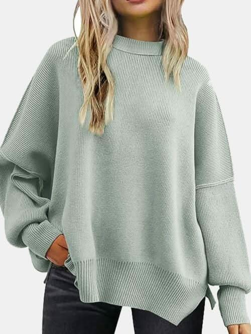 Round Neck Drop Shoulder Slit Sweater - LustMia