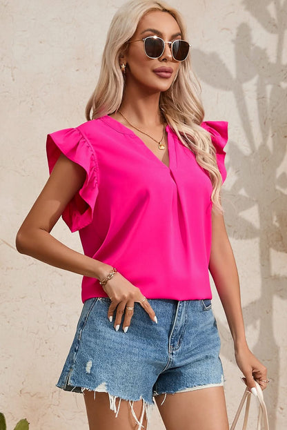 Ruffled Notched Cap Sleeve Blouse - LustMia