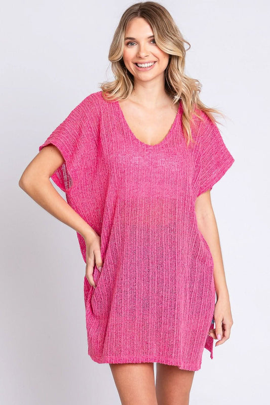 GeeGee Short Sleeve Side Slit Knit Cover Up Dress - LustMia