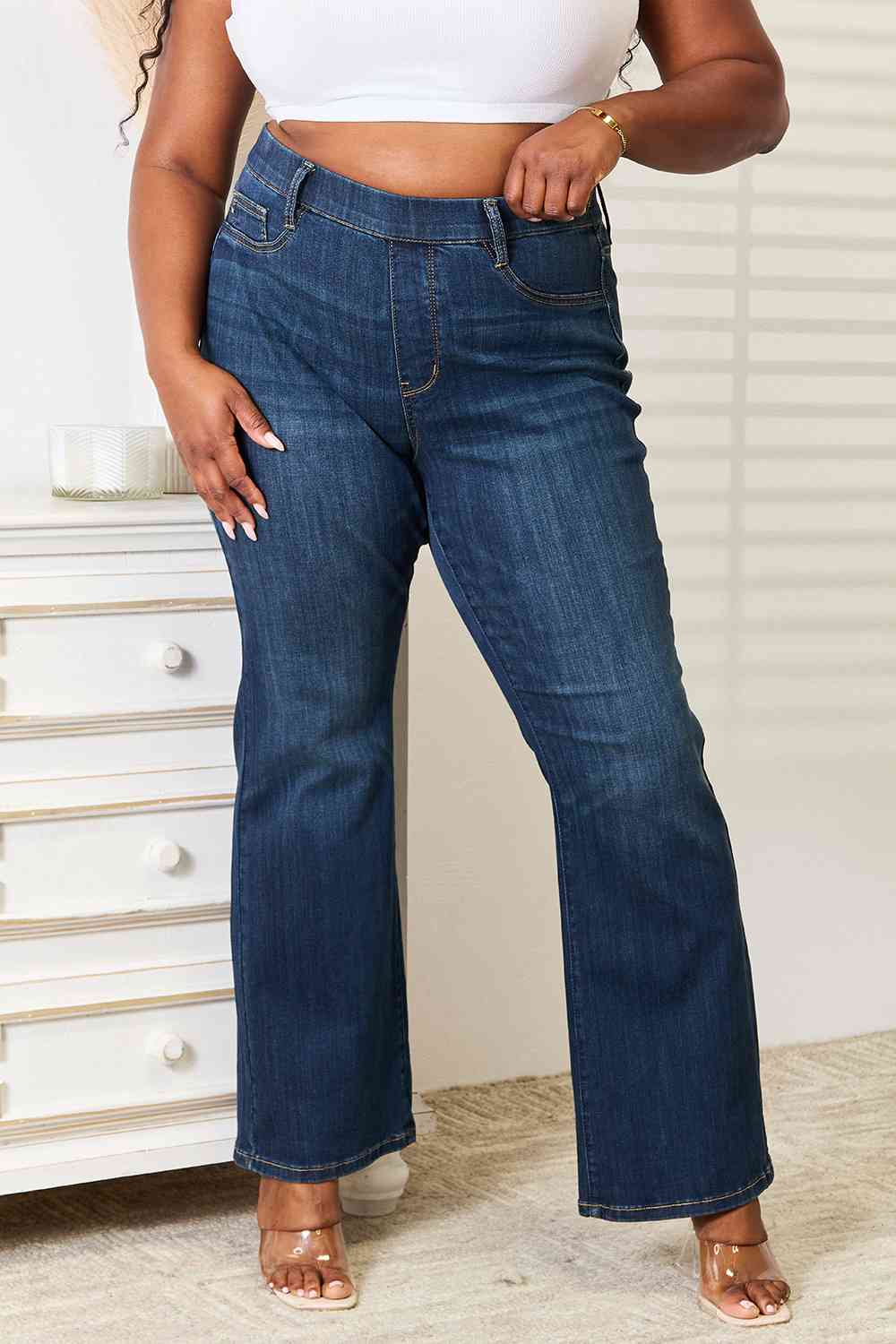 Judy Blue Full Size Elastic Waistband Slim Bootcut Jeans - LustMia