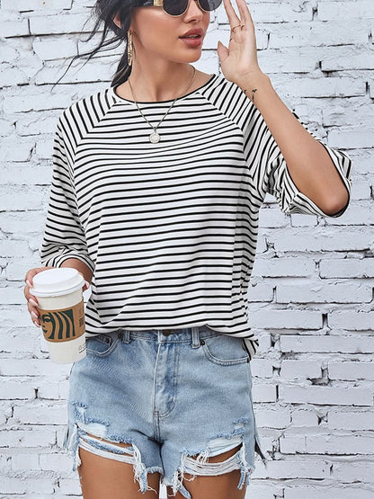 Striped Round Neck Raglan Sleeve T-Shirt - LustMia