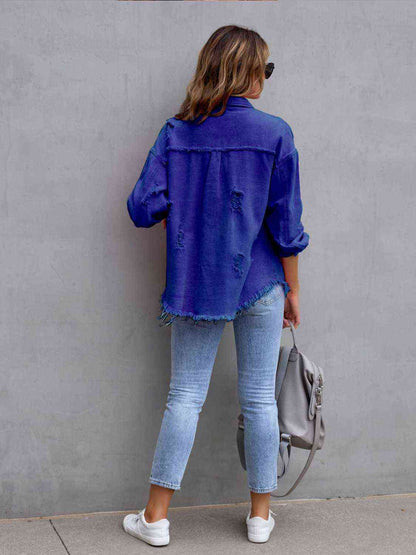 Distressed Drop Shoulder Denim Jacket - LustMia