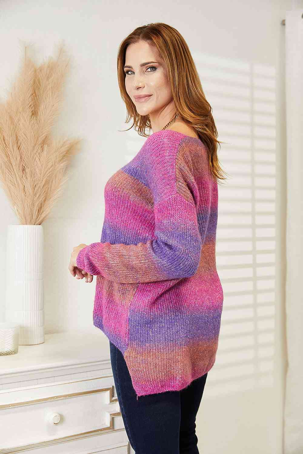 Double Take Multicolored Rib - Knit V - Neck Knit Pullover - LustMia