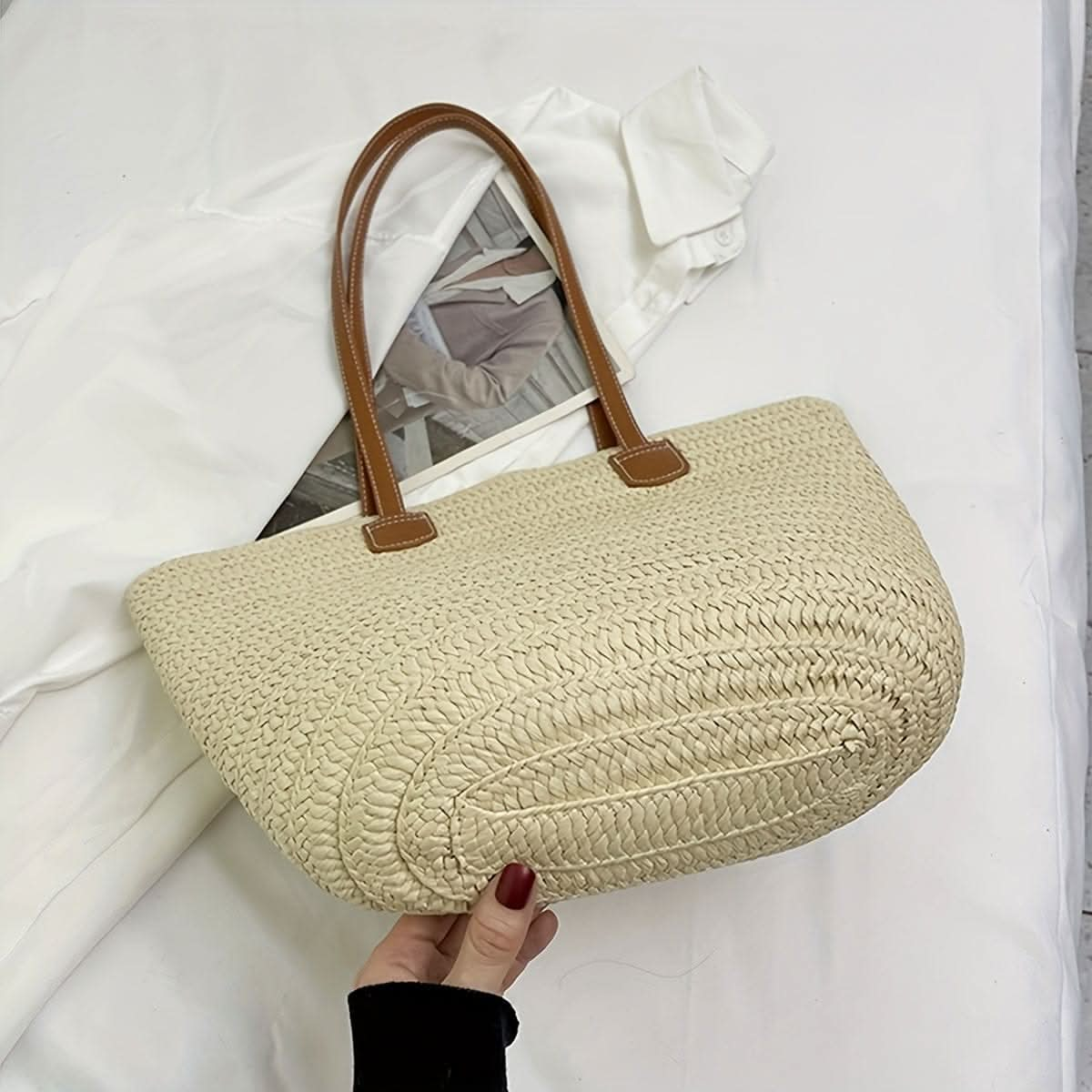 Chic Woven Straw Tote - Spacious Summer Beach Bag, Versatile Casual Handbag - Perfect for Womens Travel & Leisure - LustMia