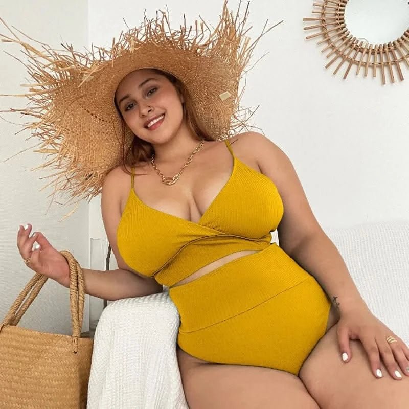 Women Plus Size Bikini Solid Color Bikini Two Piece High Waist Bikini Swimsuit Swimwear Gather Bikini Swimming Beach - LustMia