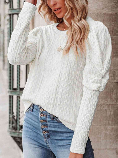 Round Neck Puff Sleeve Knit Top - LustMia