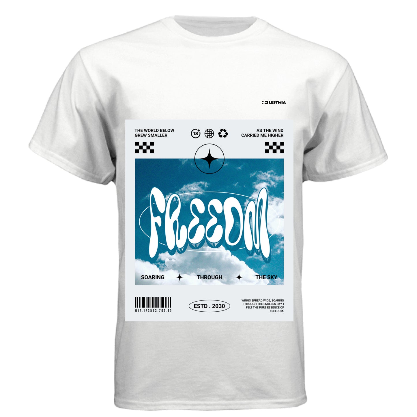 WHITE - FREEDOM graphic t-shirt with sky and cloud design – Lustmia streetwear.