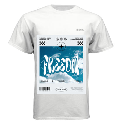 WHITE - FREEDOM graphic t-shirt with sky and cloud design – Lustmia streetwear.