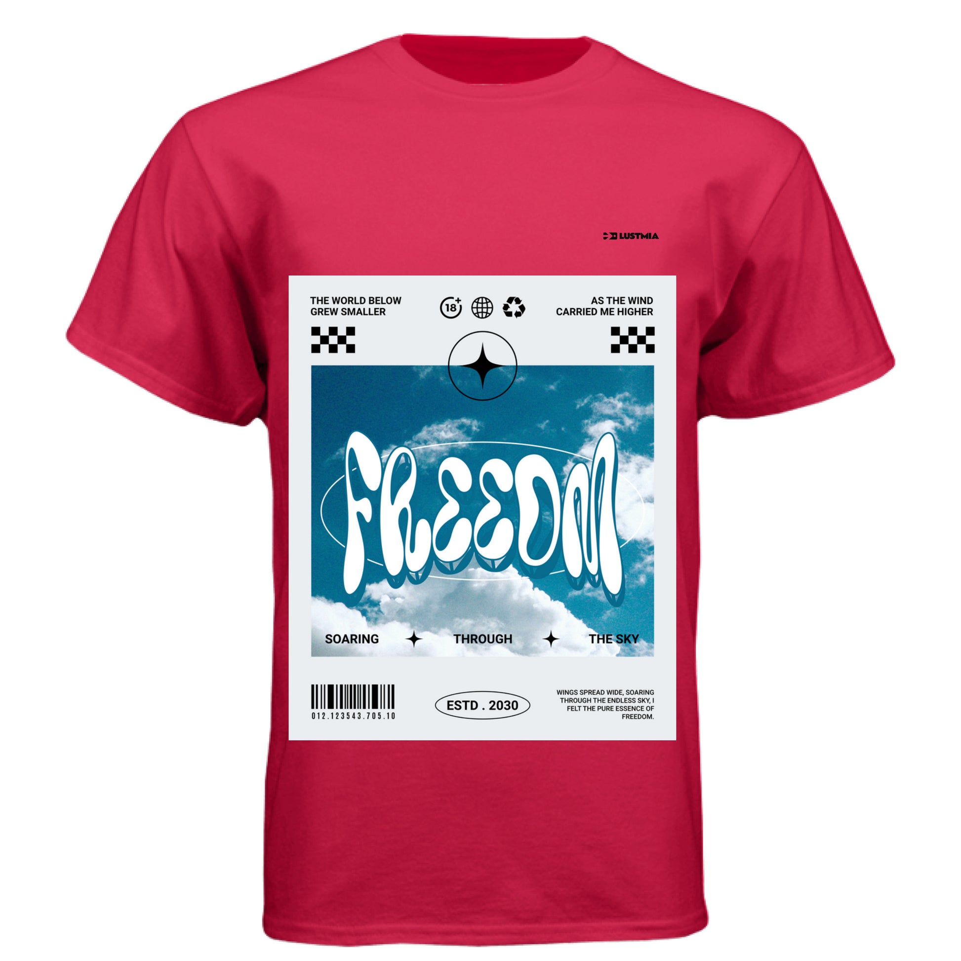 Red -FREEDOM graphic t-shirt with sky and cloud design – Lustmia streetwear.