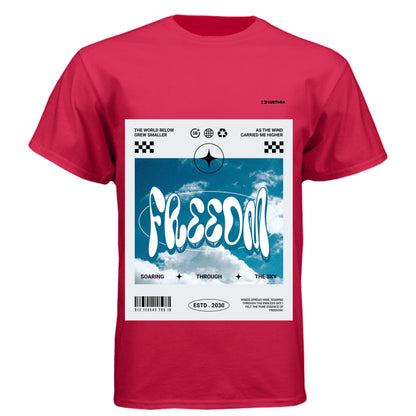 Red -FREEDOM graphic t-shirt with sky and cloud design – Lustmia streetwear.