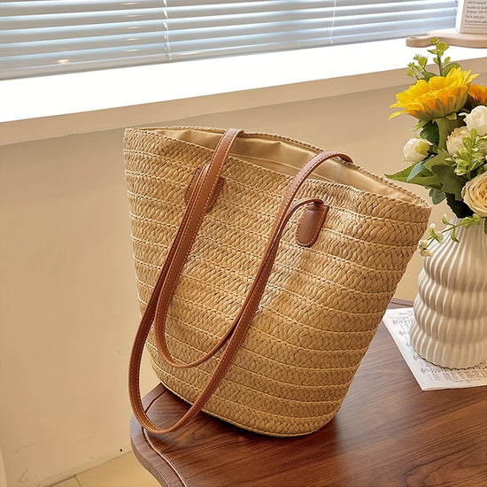 Chic Woven Straw Tote  Spacious Summer Beach Bag Versatile Casual Handbag  Perfect for Womens Travel  Leisure