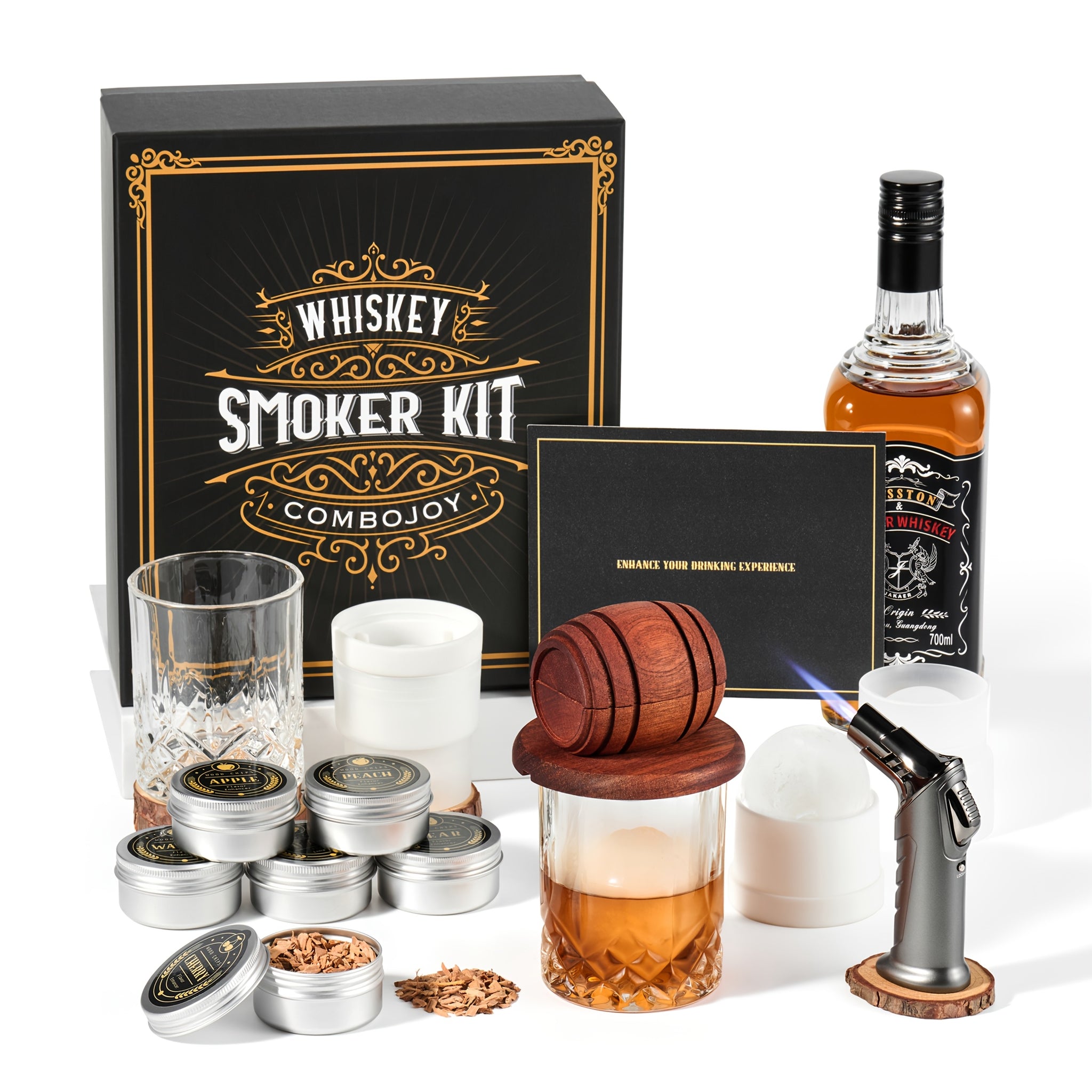 Whiskey Smoker Kit with Torch  6 Flavors Wood Chips 2 Glasses 2 Ice Ball Molds  Cocktail Smoker Infuser Kit Old Fashioned Drink Smoker Kit Birthday Bourbon Whiskey Gifts for MenDadNO Butane