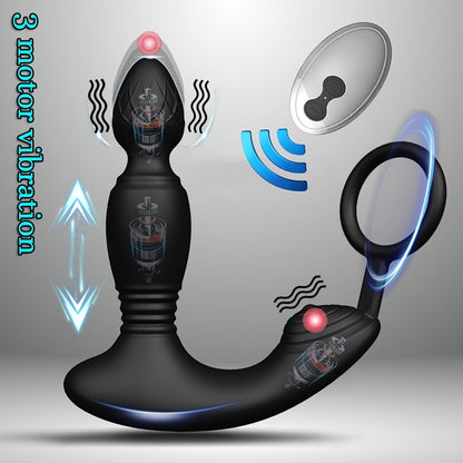 Potent 3Motor Thrusting Anal Vibrator with Penis Ring  Prostate Massage  10 Modes Waterproof USBPowered with Infrared Remote Control LatexFree