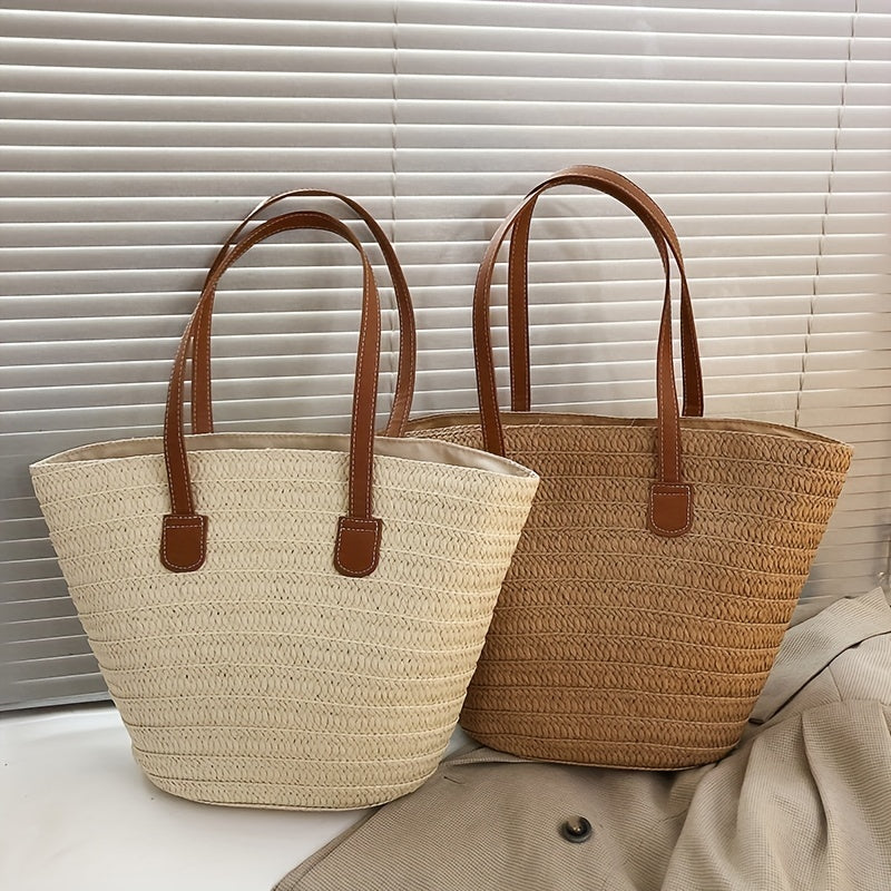 Chic French Style Braided Straw Tote Bag  Lightweight  Secure with Double Handles Zipper Closure and Slouchy Design  Perfect for Beach Vacations