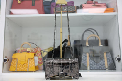 Balenciaga Hourglass Metallic Croc Embossed Wallet on Chain