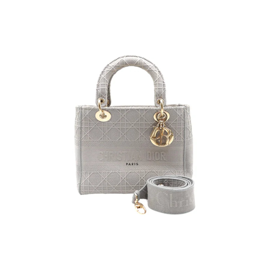 Christian Dior Lady Dior Medium Canvas Embroidered Bag in Grey