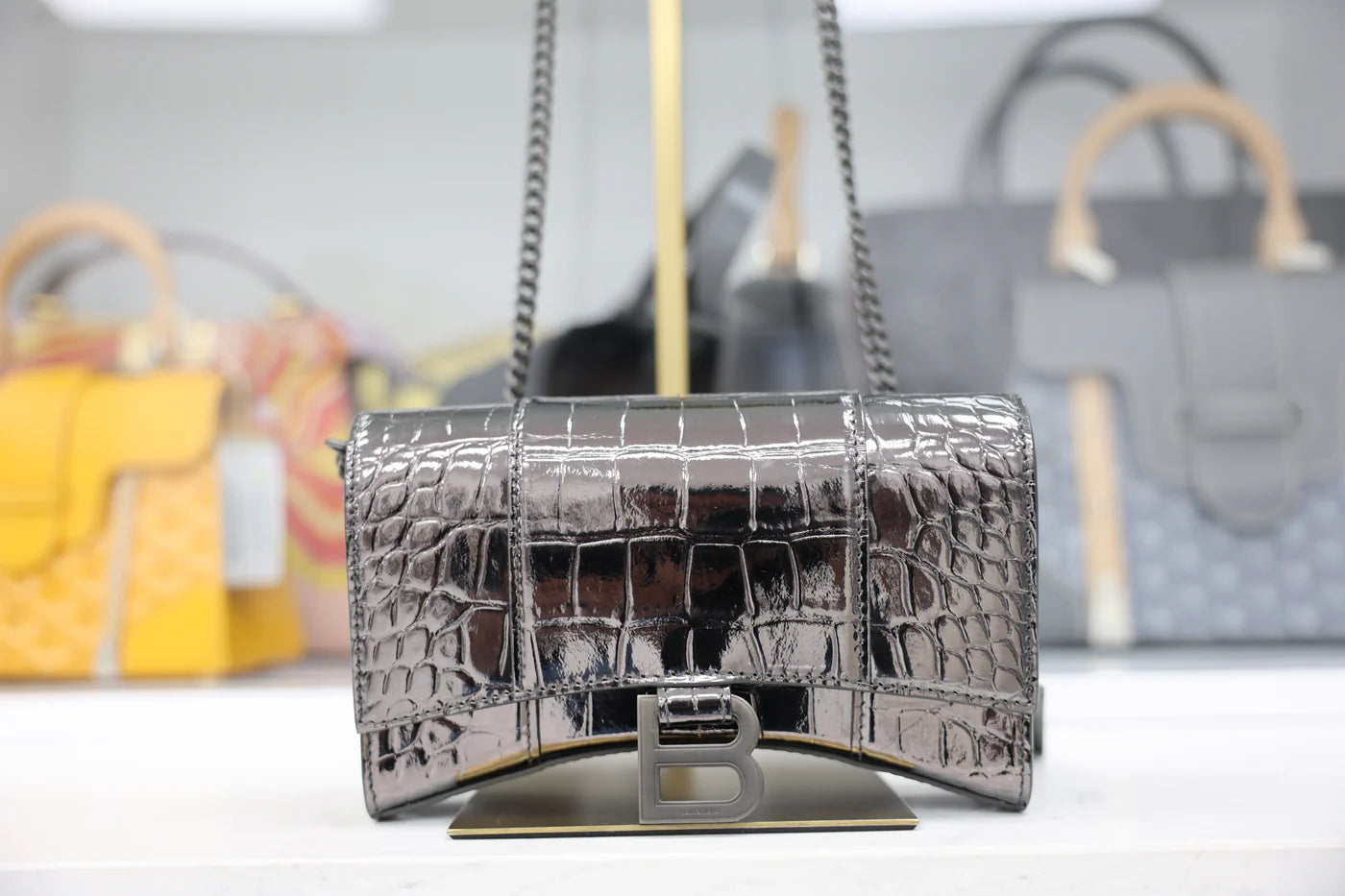 Balenciaga Hourglass Metallic Croc Embossed Wallet on Chain