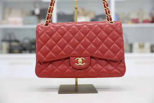 Chanel Red Quilted Lambskin Leather Jumbo Classic Double Flap Bag