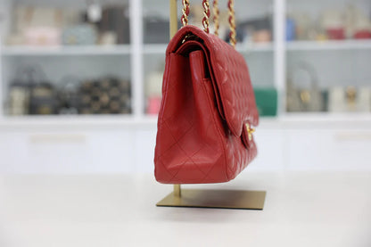 Chanel Red Quilted Lambskin Leather Jumbo Classic Double Flap Bag