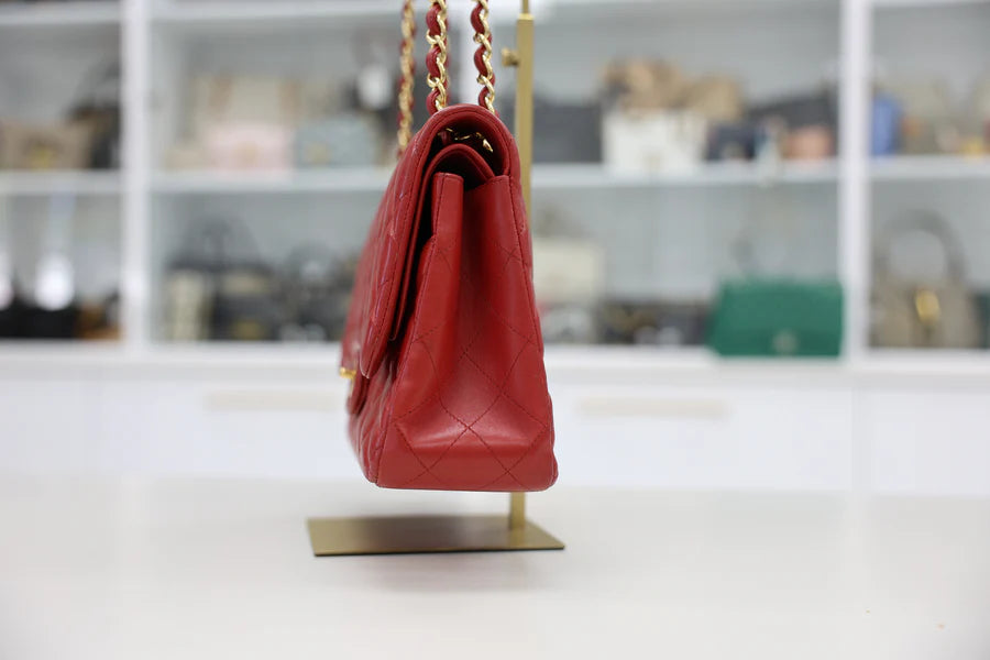 Chanel Red Quilted Lambskin Leather Jumbo Classic Double Flap Bag