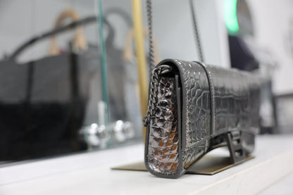 Balenciaga Hourglass Metallic Croc Embossed Wallet on Chain