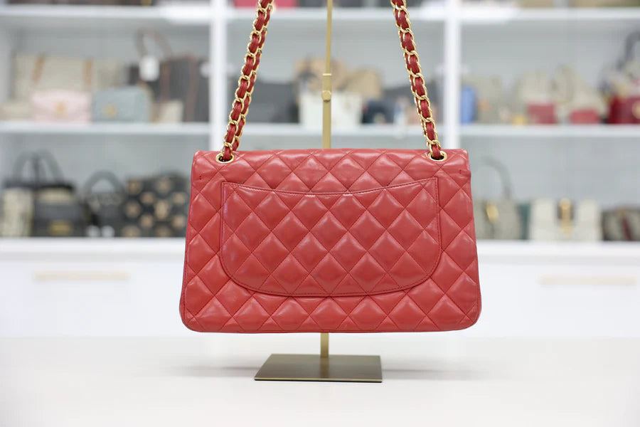 Chanel Red Quilted Lambskin Leather Jumbo Classic Double Flap Bag