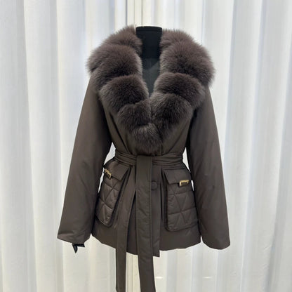 Women's Fox Fur Collar Down Jacket - Luxury Belted Puffer Coat