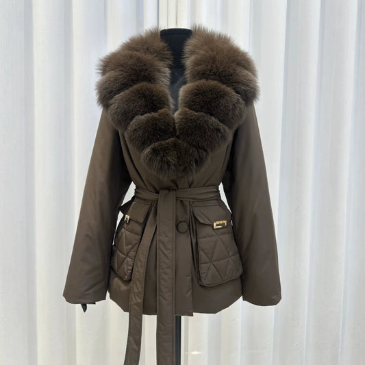 Women's Fox Fur Collar Down Jacket - Luxury Belted Puffer Coat