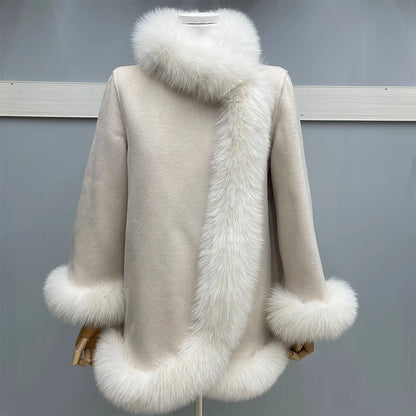 Cashmere Wool Coat Women - Double Breasted Fox Fur Collar
