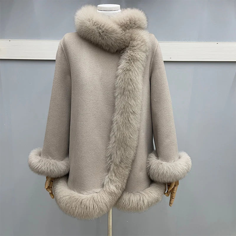 Cashmere Wool Coat Women - Double Breasted Fox Fur Collar
