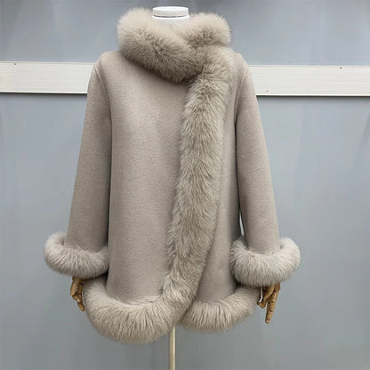 Cashmere Wool Coat Women - Double Breasted Fox Fur Collar
