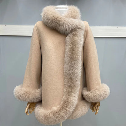 Cashmere Wool Coat Women - Double Breasted Fox Fur Collar