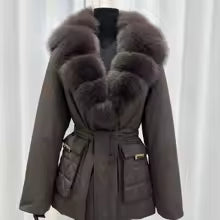 Women's Fox Fur Collar Down Jacket - Luxury Belted Puffer Coat