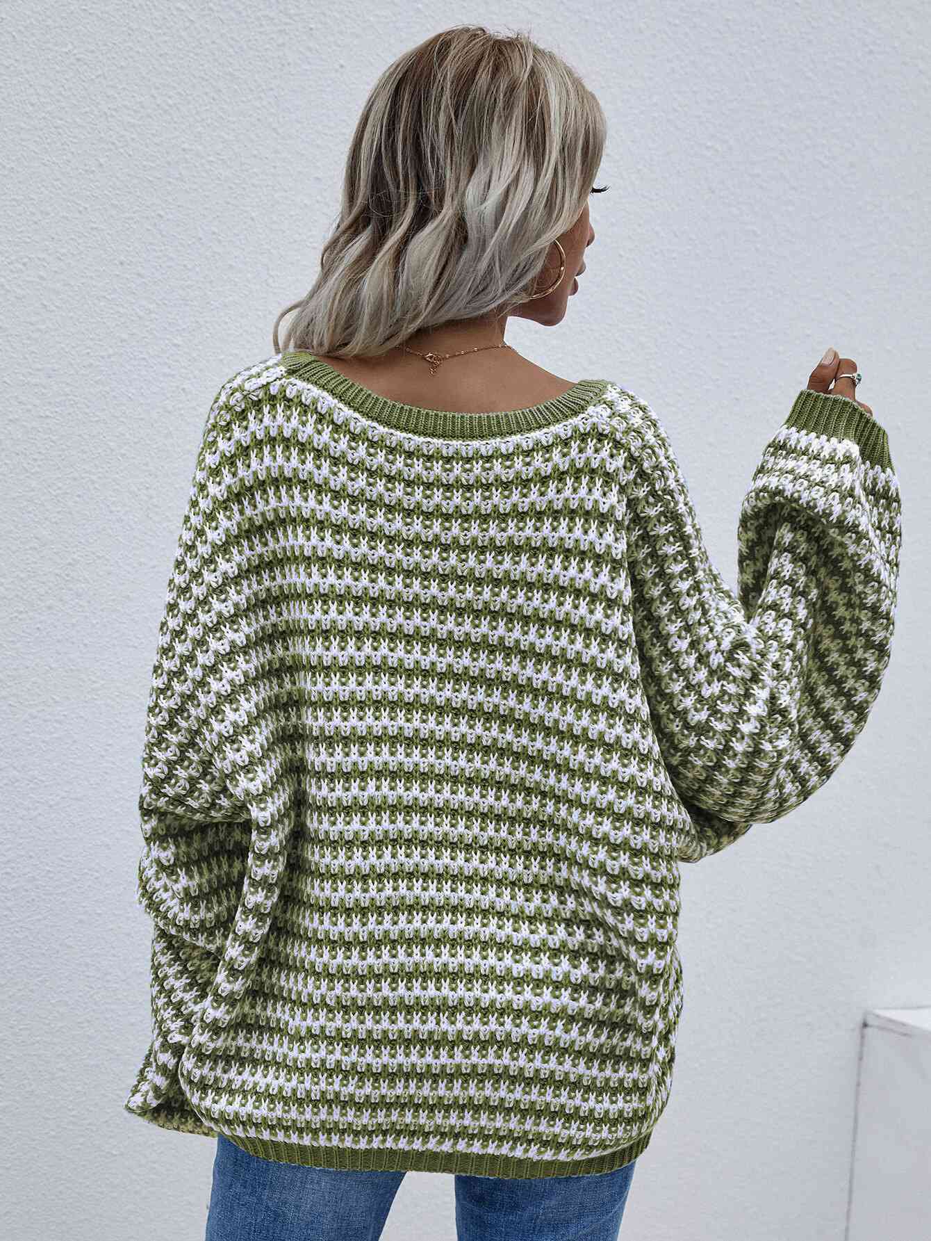 Striped Drop Shoulder V-Neck Pullover Sweater