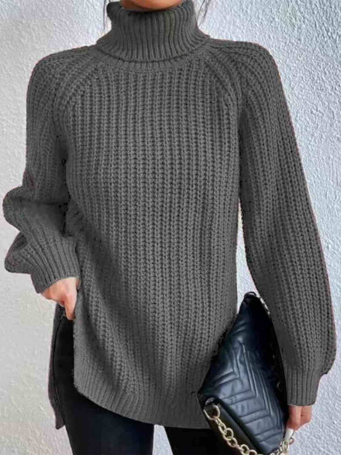 Full Size Turtleneck Rib - Knit Slit Sweater - LustMia