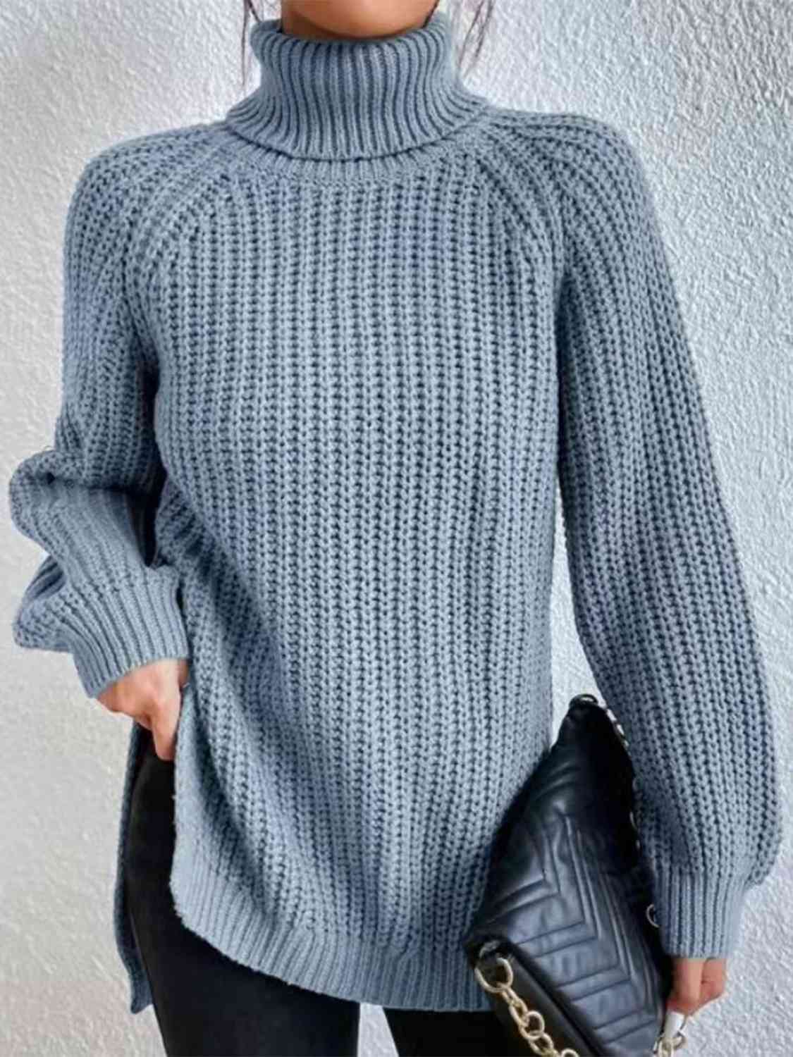 Full Size Turtleneck Rib - Knit Slit Sweater - LustMia