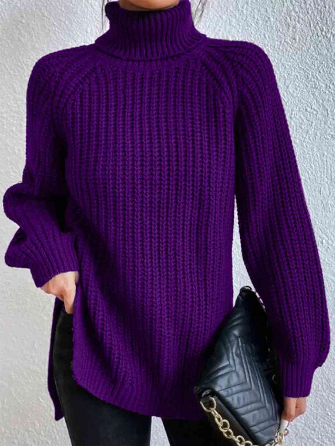 Full Size Turtleneck Rib - Knit Slit Sweater - LustMia