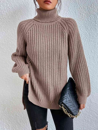 Full Size Turtleneck Rib - Knit Slit Sweater - LustMia